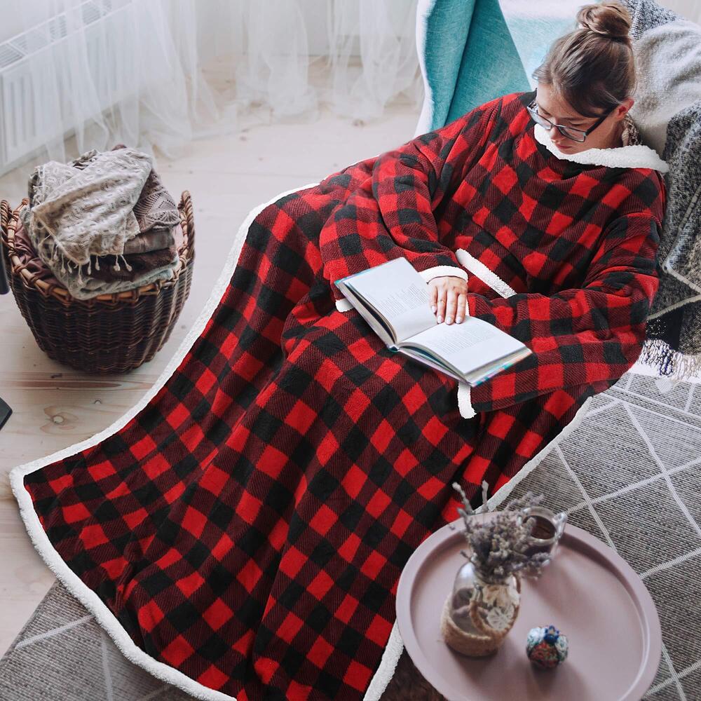 7410 Sherpa Wearable Blanket With Sleeves, Full Body Throw Reading Wrap TV